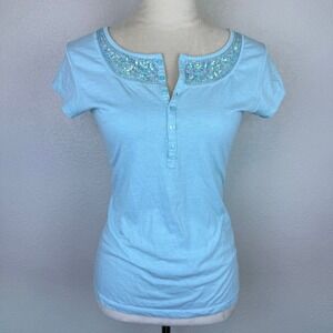 Y2K Next Era Women Aqua Blue Sequin Beaded Embellished Henley 100% Cotton Top XL